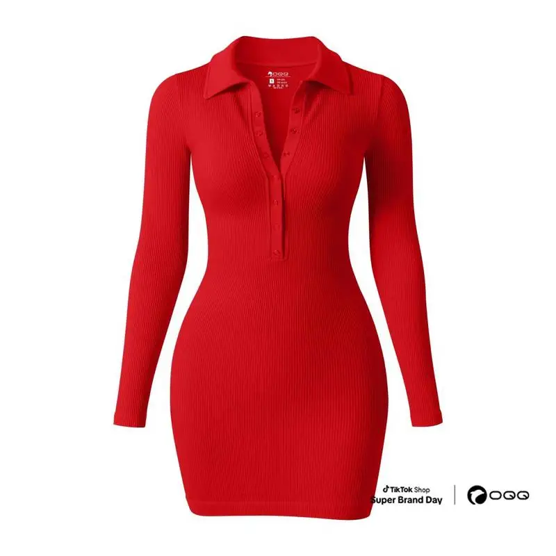 OQQ женское однотонное платье на пуговицах с длинным рукавом и V-образным вырезом