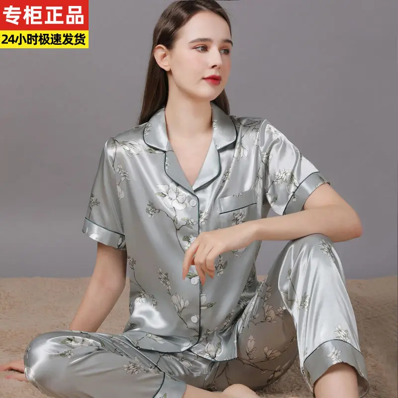 High grade genuine mulberry silk pajamas women's silk summer thin short sleeve loose large two piece home clothes set