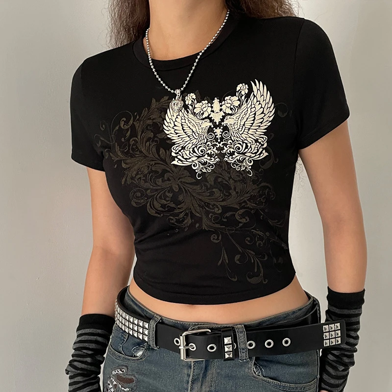 

Summer Fashion Slim Sexy Print Butterfly Short Sleeve Graphic Tee Shirt Casual Skinny T-Shirts for Women Girl Crop Top Y2k