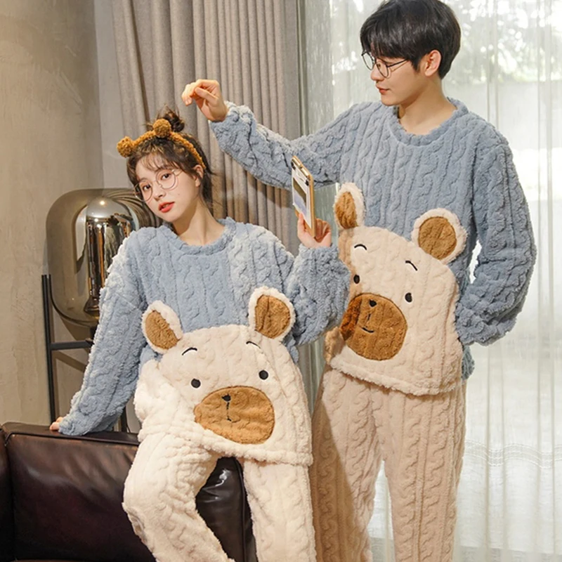 QUHENG Couples Pajamas Sets Women Men Winter Thicken Pyjamas Autumn Sleepwear Cartoon Lovers Homewear Soft Warm Rest Pijama