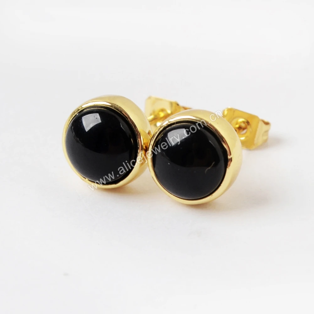 

5Pairs Round Black Onyx Stone Stud Earrings Exquisite 18K Gold Plated Earring Ear Bone Cartilage Jewelry Accessories For Women