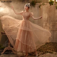 kaunissina halter neck tulle evening dresses long for women short sleeve appliques corset a line khaki party dress prom gown