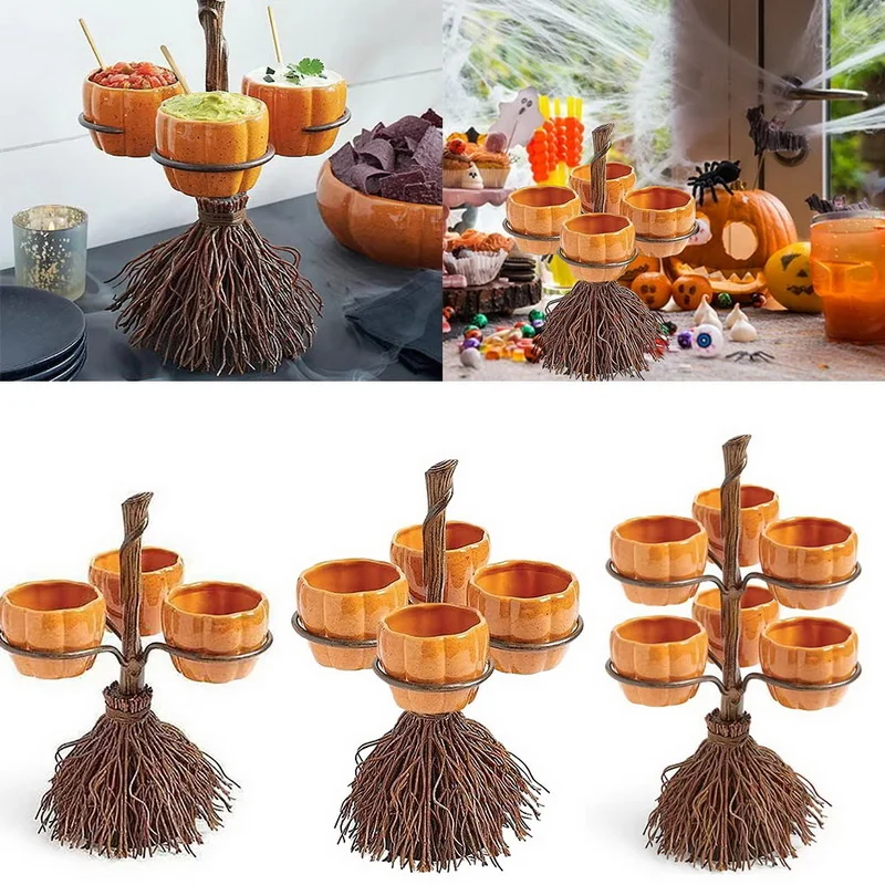 

Halloween Broom Holder Storage Rack Pumpkin Snack Plates Bowls Rack Resin Bowl Cake Stand For Fruit Dishes Party Food Tray