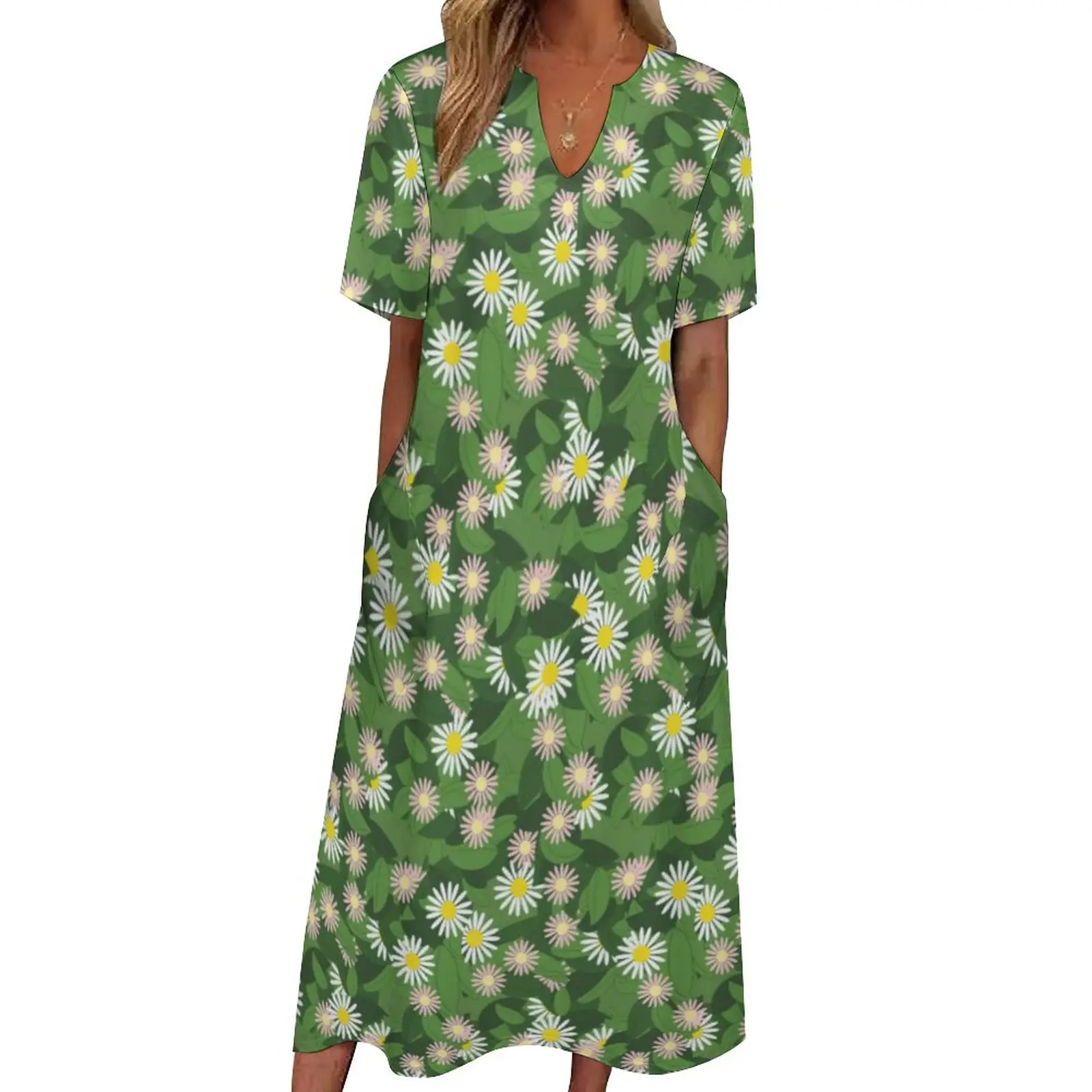 

Daisy Floral Print Dress Summer Green Leaves Korean Fashion Casual Long Dresses Women Graphic Party Maxi Dress 3XL 4XL 5XL