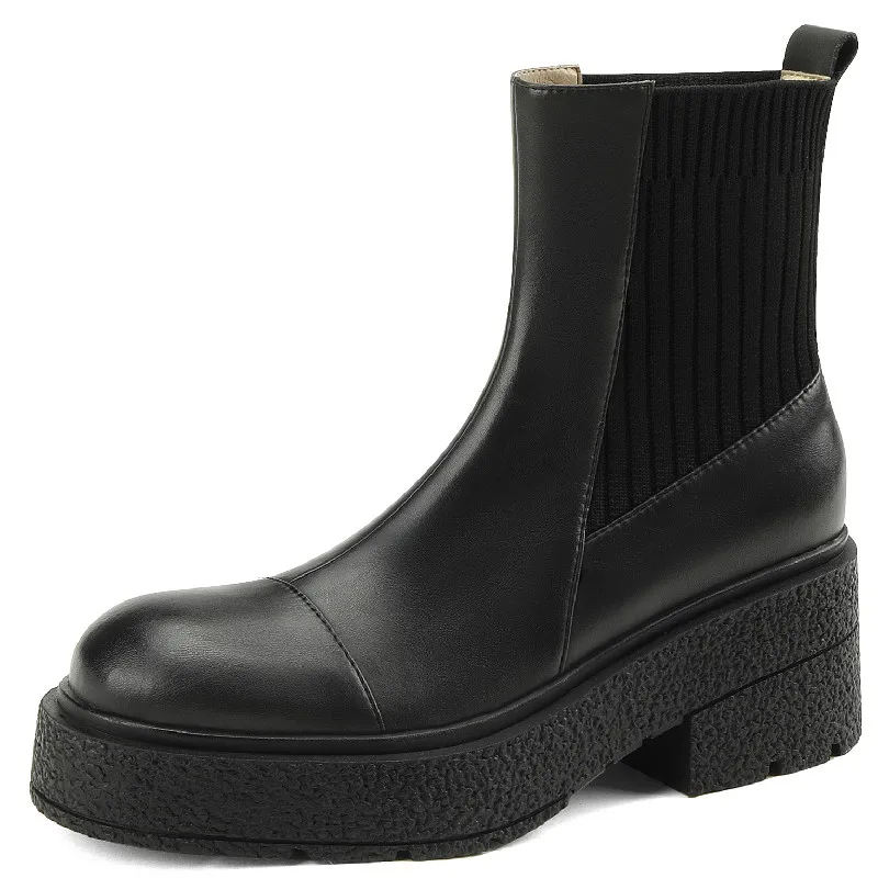 

Dilalula Women Genuine Leather Ankle Boots Splicing Platform Thick Heels Working Casual Shoes Woman Autumn Winter Mature