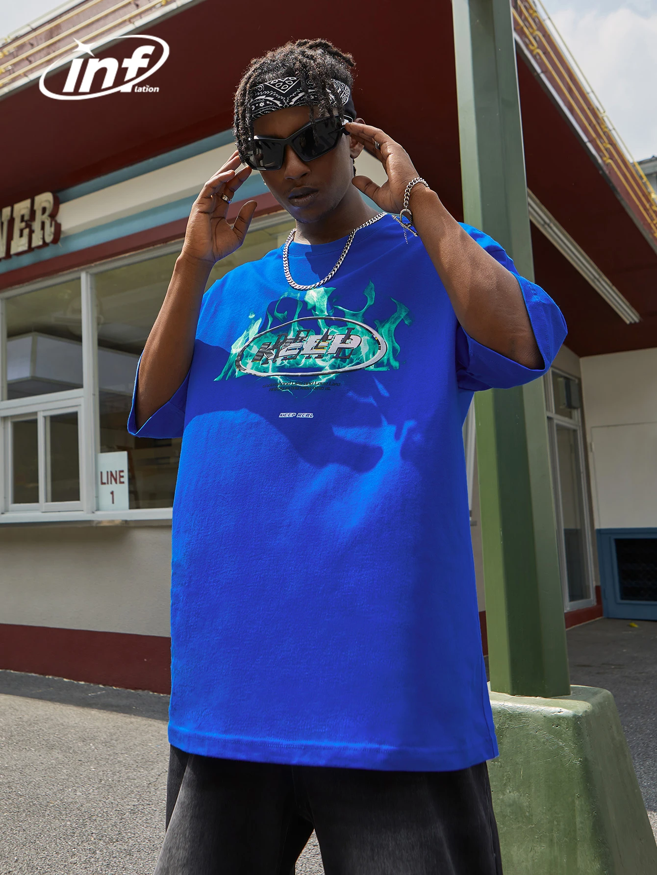 

INFLATION Blue Cotton T-shirts Men Streetwear Hip Hop Tees