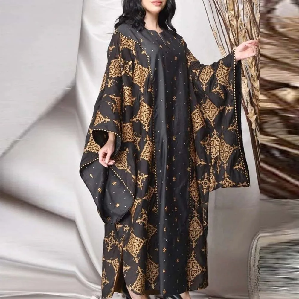 

Women's Middle East Robe Vintage Print V-Neck Swing Kaftan Dress Pullover Casual 2022 New Abayas Djellaba Moroccan Muslim