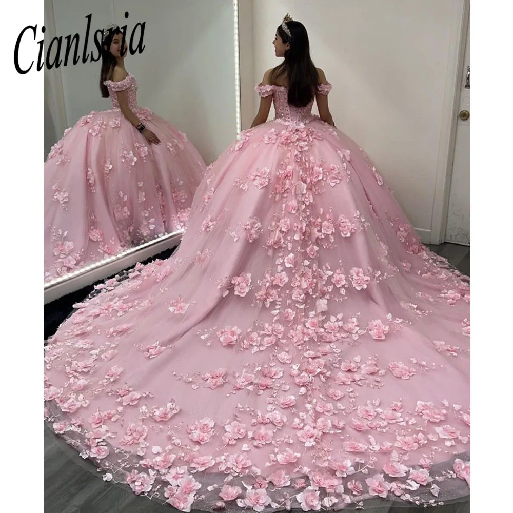 

2022 Romantic Blush 3d Flowers Ball Gown Quinceanera Prom Dresses Off the Shoulder Beaded Lace Long Sweet 16 Dress Vestidos