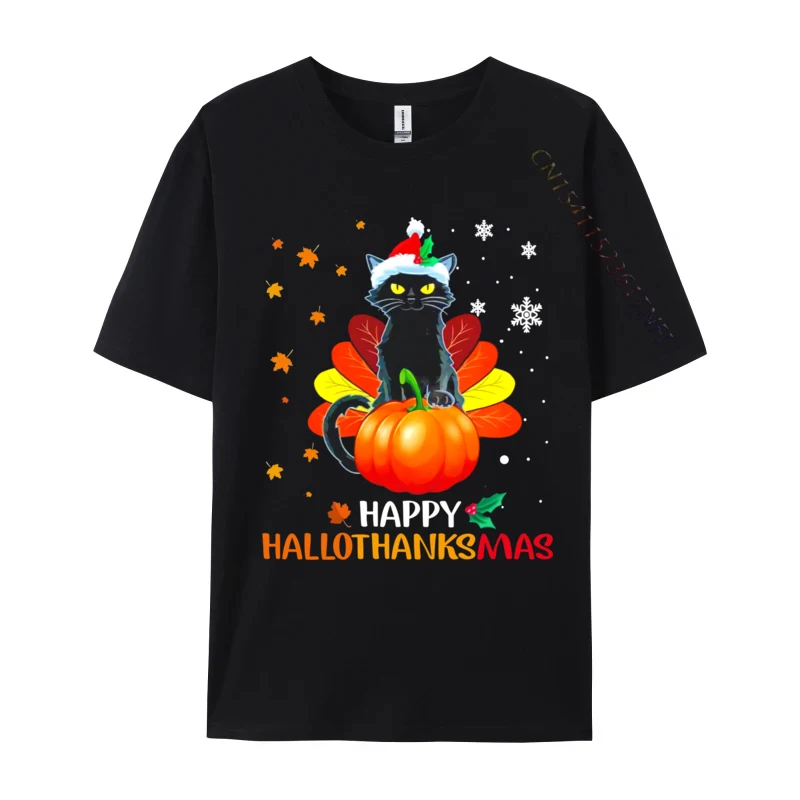 Black Cat Halloween And Merry Christmas Happy Hallothanksmas T-Shirt Print Funny Novelty Gift T Shirts Adult Tshirts