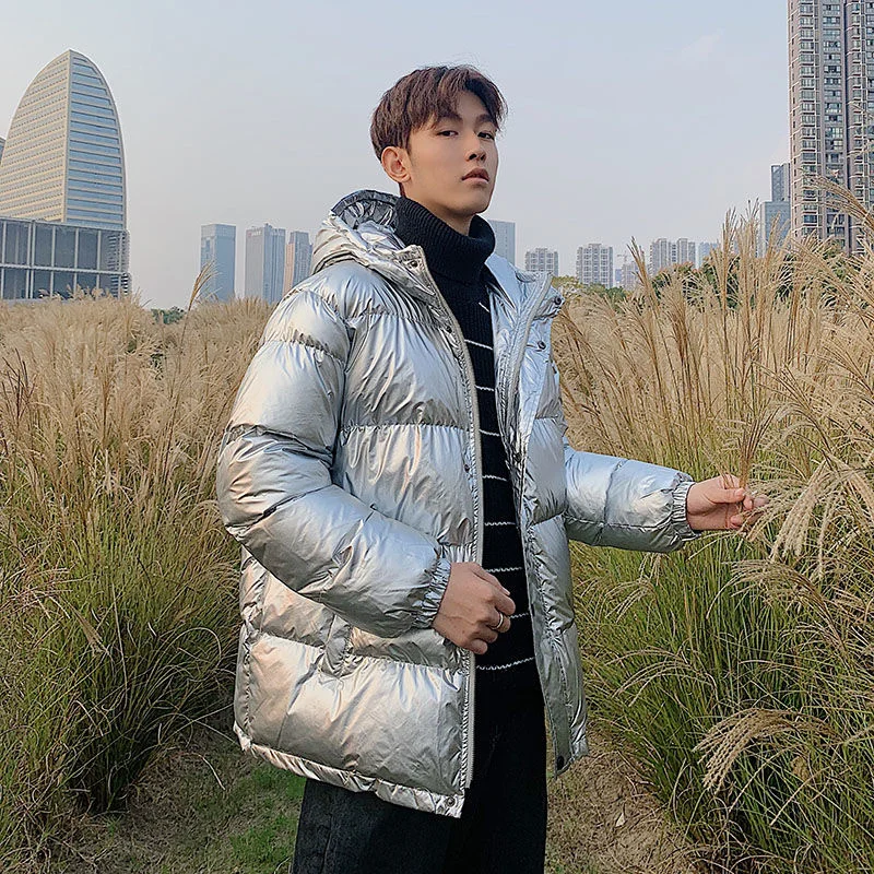 Winter Jacket Men Warm Fashion Casual Silver/Black Thick Down Jacket Men Streetwear Loose Short Coat Men Shiny Hooded Parker