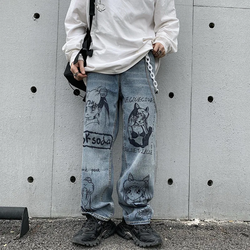 Jeans Trousers Men's Brand Clothing Cartoon Anime Print Harajuku Men Pants Casual Fashion Graffiti Loose Streetwear Ropa Hombre