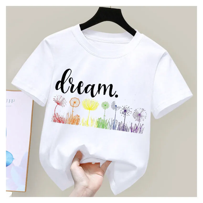 Fun Colorful Dandelion Girl Clothes, Beautiful Butterfly White T-Shirt, Summer Stranger Dragonfly Short Sleeves for Kids