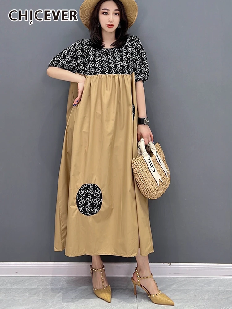 

CHICEVER Hit Color Print Dresses For Women Round Neck Short Sleeve Patchwork Folds Loose Straight Dress Female Summer 2022 New