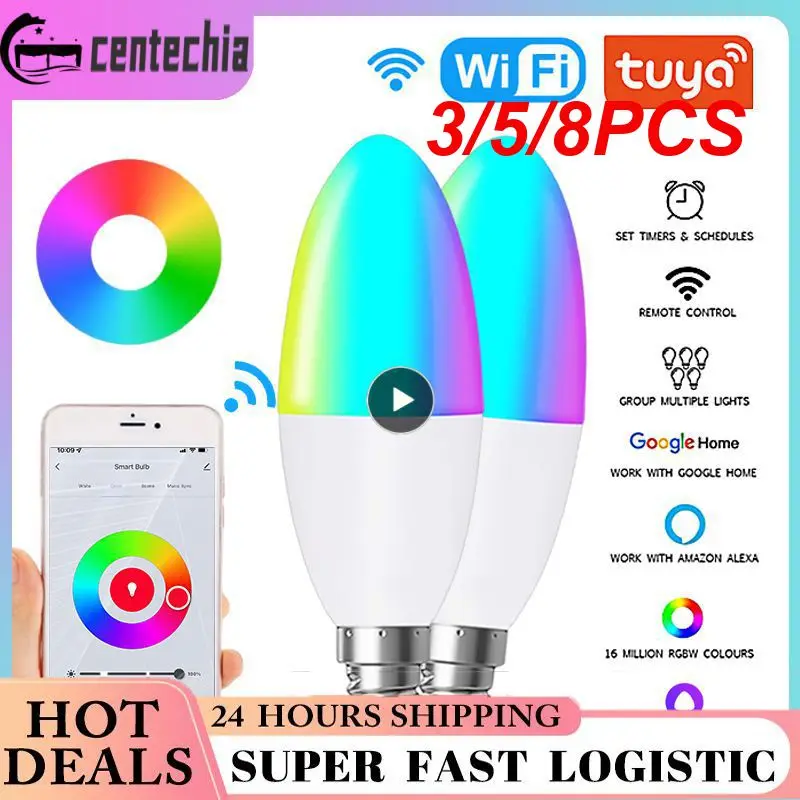 

3/5/8PCS Led Bulbs Tuya Brightness Adjustable Candelabra Lamp Voice Control Tuya Wifi Wifi Smart Light Bulb E14 Light Bulb