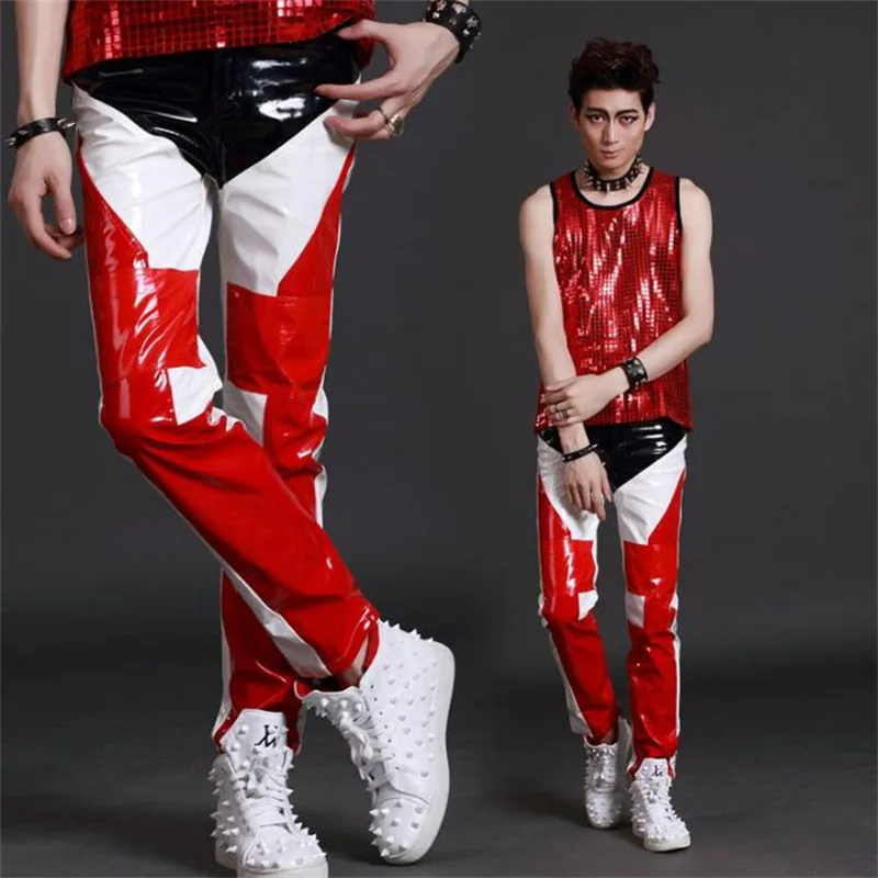 Stage black red white splice fashion personality slim mens pants motocross leather pant men feet trousers singer dance rock