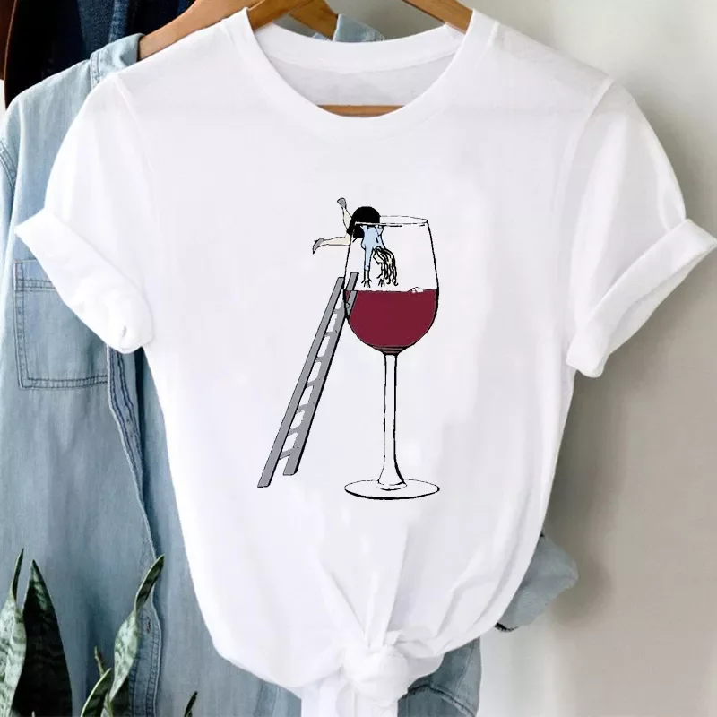 

NEW 2023 Women Cartoon Wine Funny Fashion Clothing Spring Summer Clothes Graphic Tshirt Top Lady Print Female Tee T-Shirt
