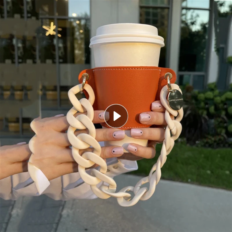

Fashion Cup Holder Ecofriendly PU Leather Coffee Cup Handheld Holder Detachable Chain Milk Tea Cup Bag Reusable Cup Leather Case