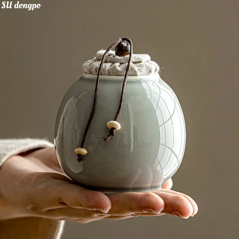 

Ice Grey Glazed Tea Caddy Creative Grass Ash Ceramic Tea Pot Small Tea Storage Tank Household Simple Sealed Tank Tea Canister