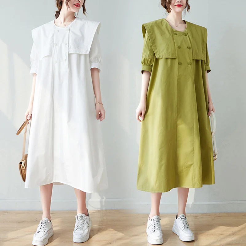 

Korean Women's Dress Loose Navy Collar Thin Medium Length Skirt 2022 Summer New Casual Street Fashion Dress Female