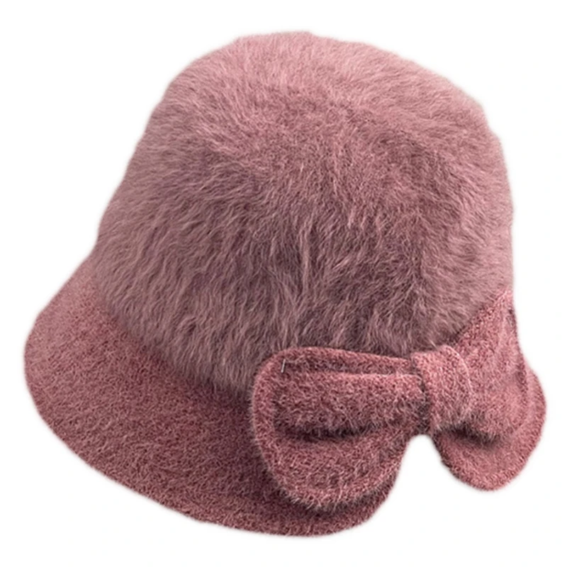 Модная шапка рыбака из кроличьего меха с бантом и широкими полями Панама вязаная