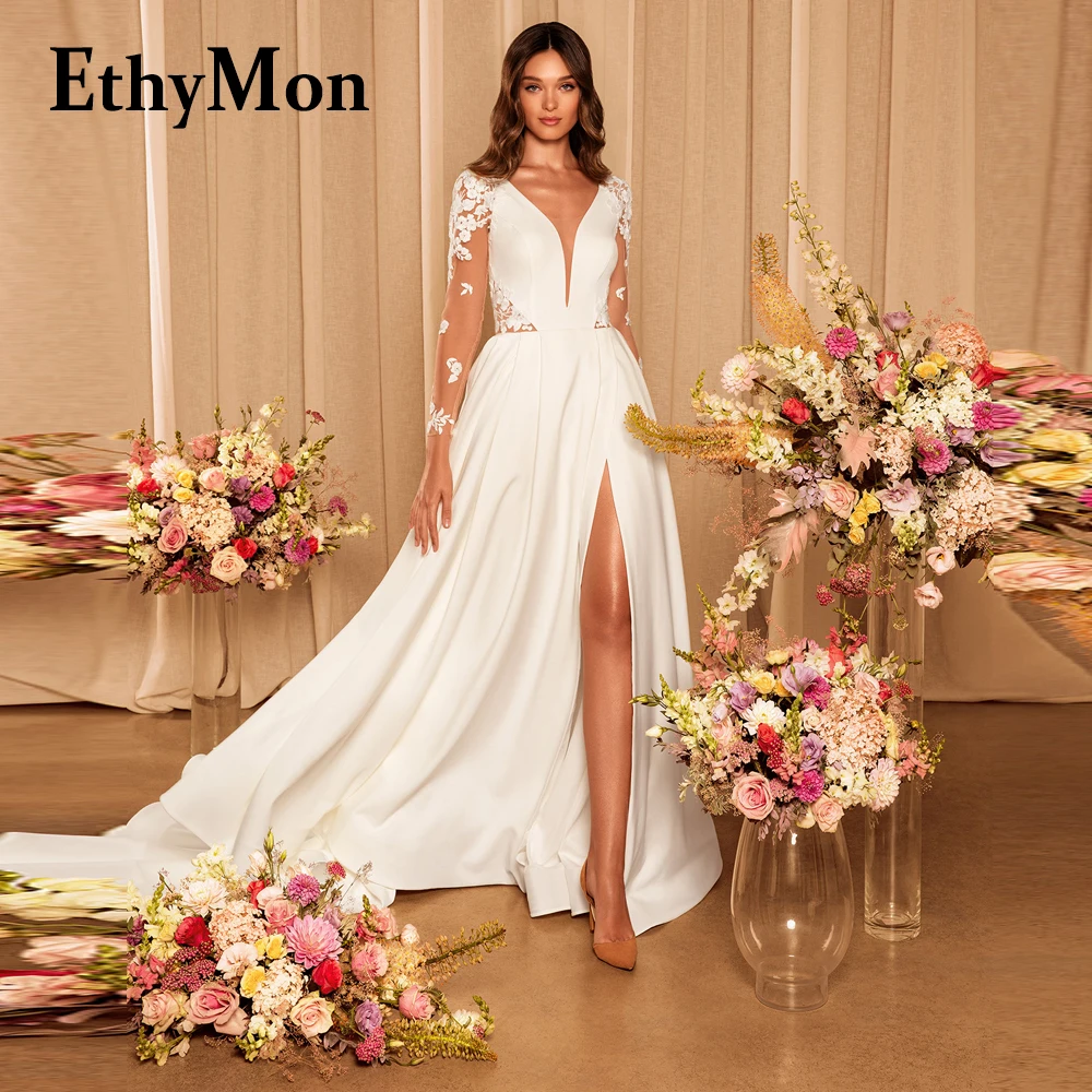 

Ethymon Slit A-LINE Court Train Wedding Dresses V-neck Full Sleeve Satin Zipper Appliques Vestido De Casamento Made To Order