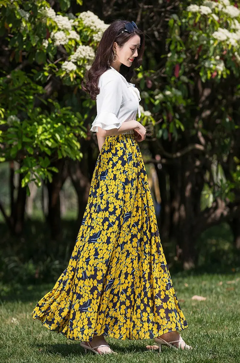 Женская длинная юбка с цветочным принтом шифоновая элегантная трапециевидная