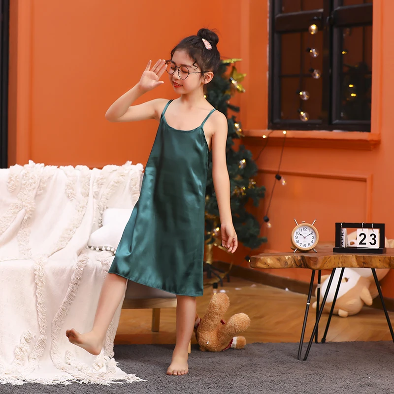 Летняя Новинка ночная рубашка для девочек 2022 однотонная шелковая атласная