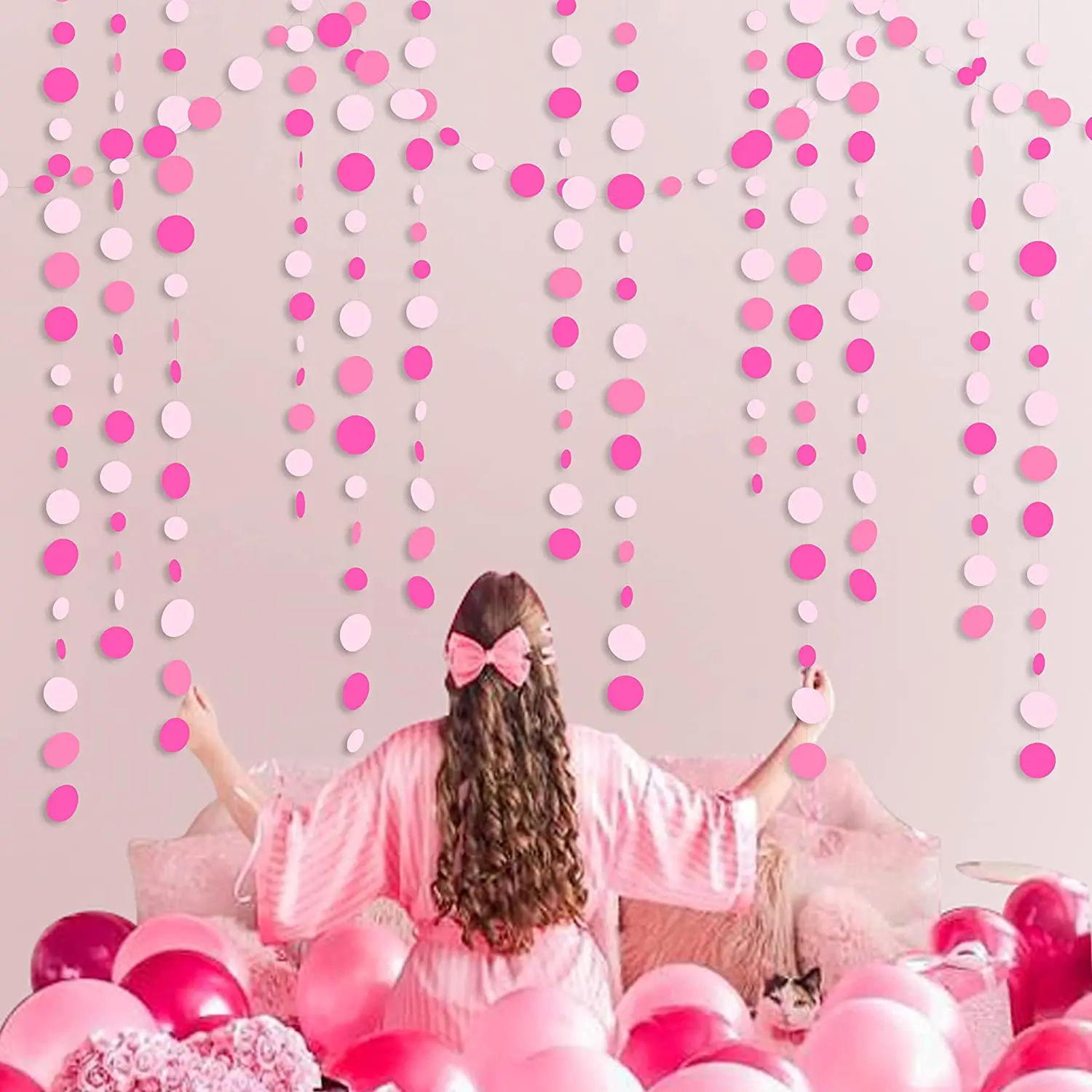 

4M Hot Pink Birthday Party Decorations Circle Dots Garland Rose Pink Hanging Paper Polka Dots Streamer for Bachelorette Wedding