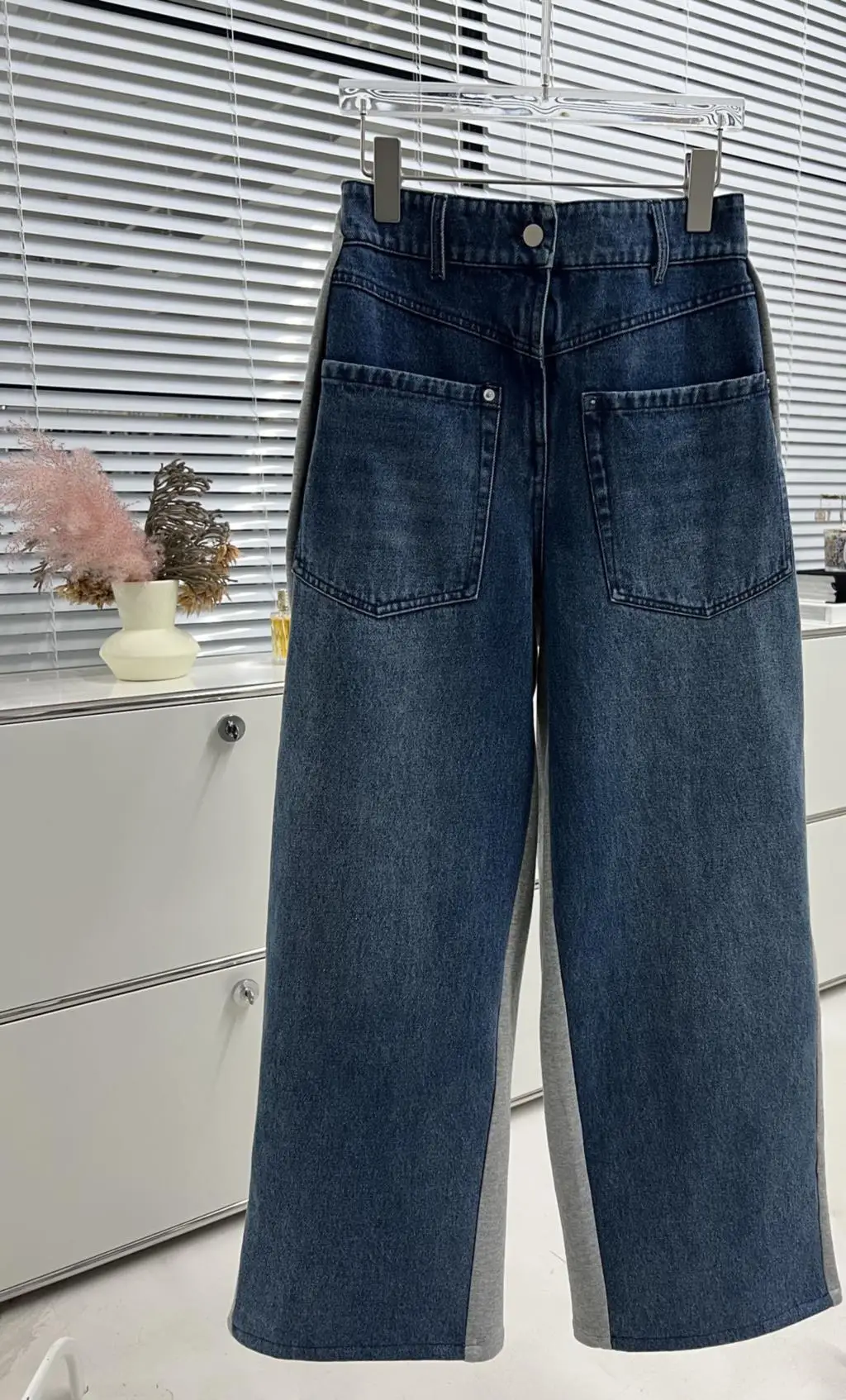 23 spring and summer new stitching jeans high waist washed wide leg mop jeans