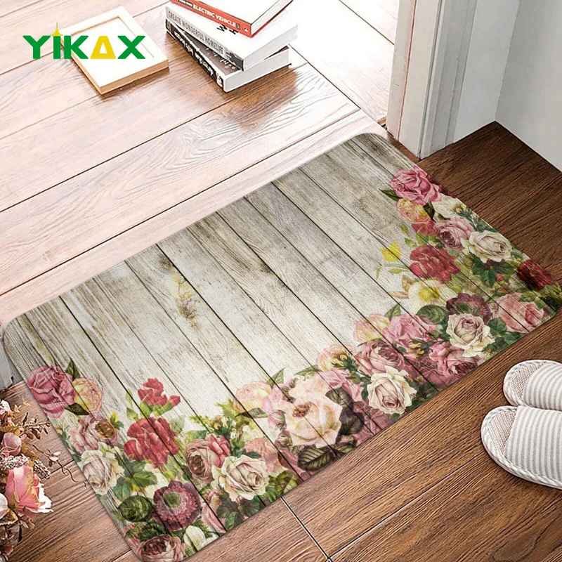 

Flower Leaves Door Mat Wooden Board Printed Anti-slip For Living Room Bedroom Carpet Hallway Entrance Doormat Home Decorative