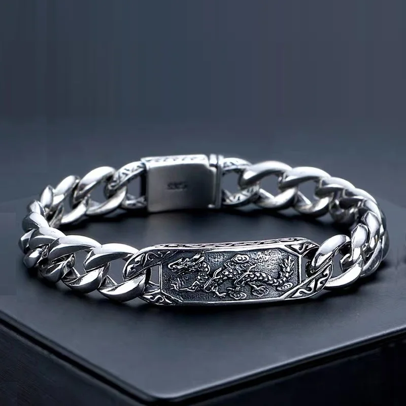 

11mm Width Real Silver Domineering Dragon Brand Bracelet Men S925 Sterling Silver Retro Link Chain Bracelets Jewelry Male Gift