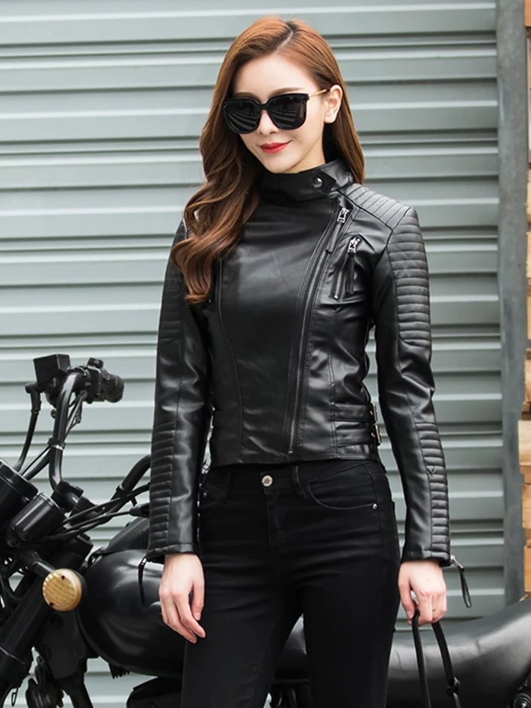 

Spring Autumn Women Punk Leather Jacket PU Faux Leather Jackets Basic Bomber Leather Motorcycle Black Coat