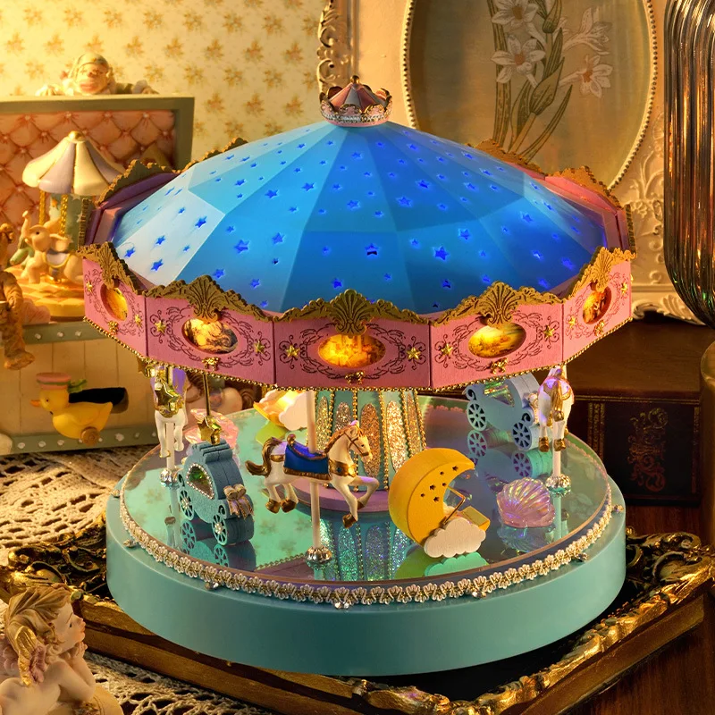 

New DIY Wooden Carousel Music Box Doll House Kit With Colorful Lights Miniature Dollhouse Toys for Adults Girls Birthday Gifts