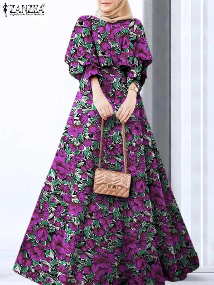 

ZANZEA Bohemian Casual Maxi Robe Spring Floral Printed Muslim Dress Holiday Elegant Party Dresses Long Sleeve O-Neck Vestidos