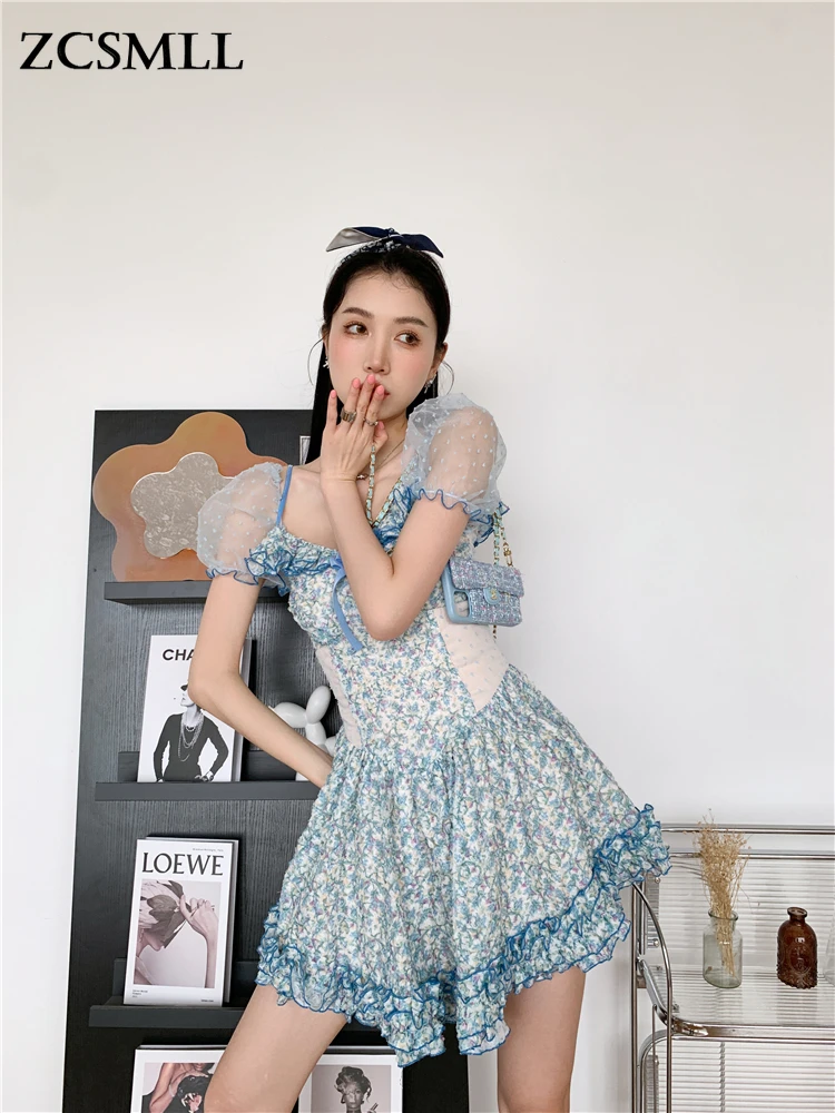 

ZCSMLL Puff Sleeve Backless Ruffles Corset Dress For Women Floral Kawaii Cute A Line Mini Layered Dress Summer 2022 Fashion
