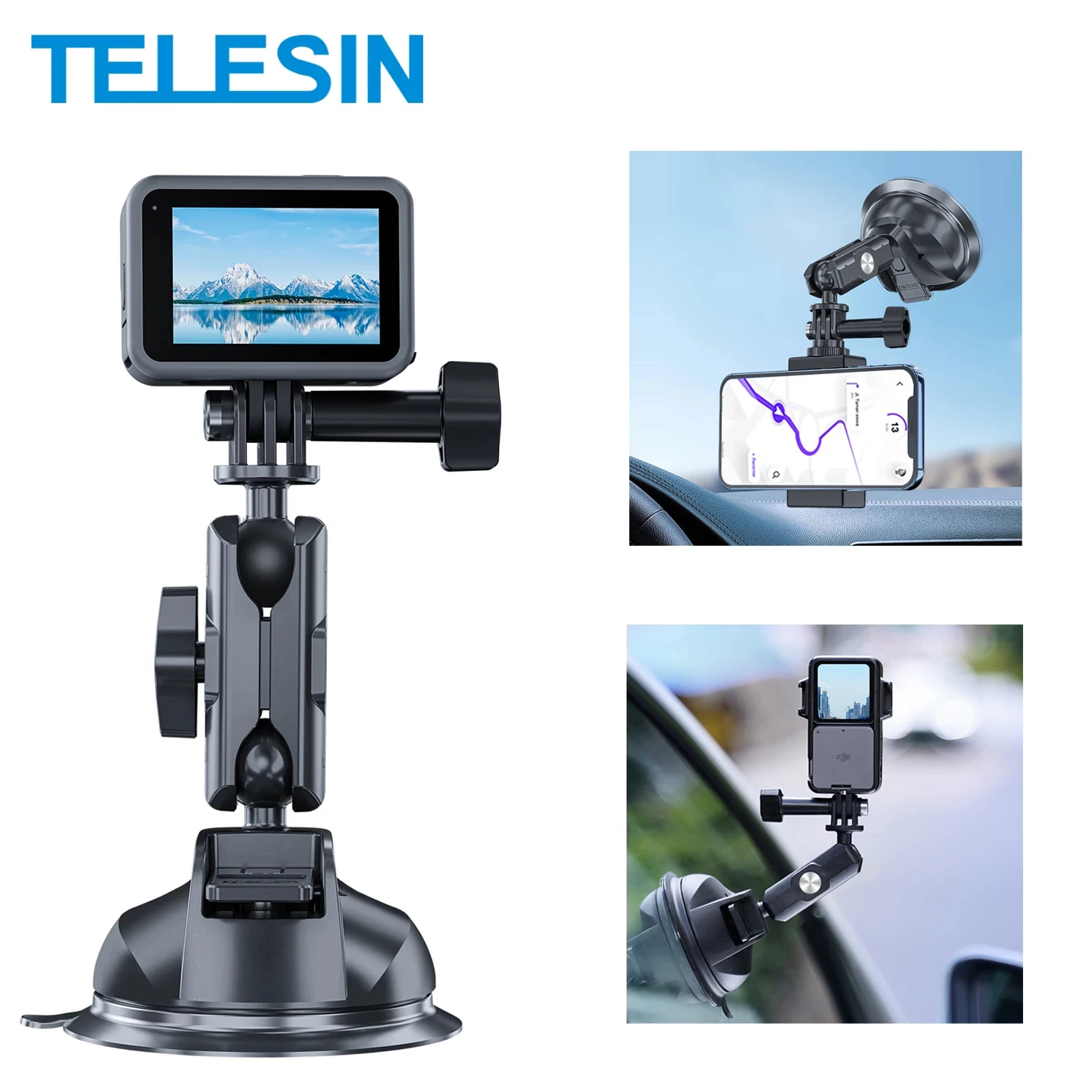 

TELESIN Универсальный автомобильный держатель на присоске 360 ° регулируемый 1/4 Адаптер для GoPro 11 10 9 8 Insta360 DJI Action2 SJCAM iPhone 14 13