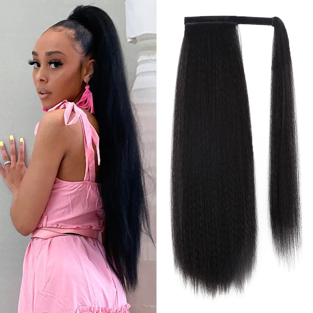 

AZQUEEN Synthetic Long Straight Yaki Ponytail Hair Extension 24 Inch Wrap Around Kinky Straight Horsetail For Afro Women