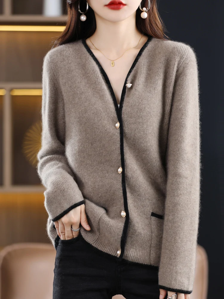 

BELIARST 100% Merino Wool Cardigan Ladies V-neck Colorblock Tops 2022 Spring and Autumn New Casual Loose Fashion Jacket