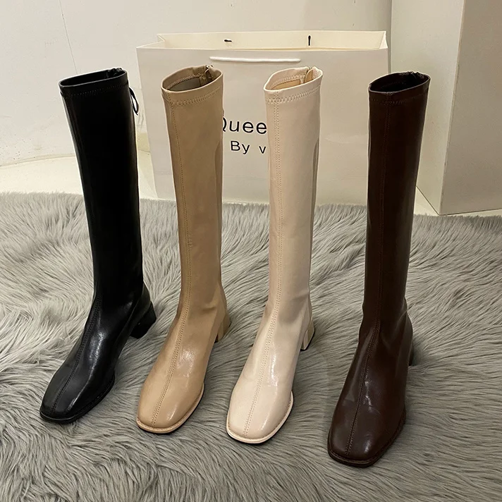 

Узкие женские рыцарские сапоги до колена, женская модная зимняя длинная обувь на квадратном каблуке, женские зимние сапоги