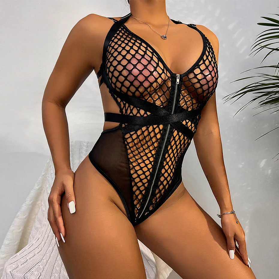 Sexy Bodysuit Lingerie Black Halter Mesh Women's Underwear Transparent Bondage Teddies Erotic Catsuit Lingerie Porno Costumes