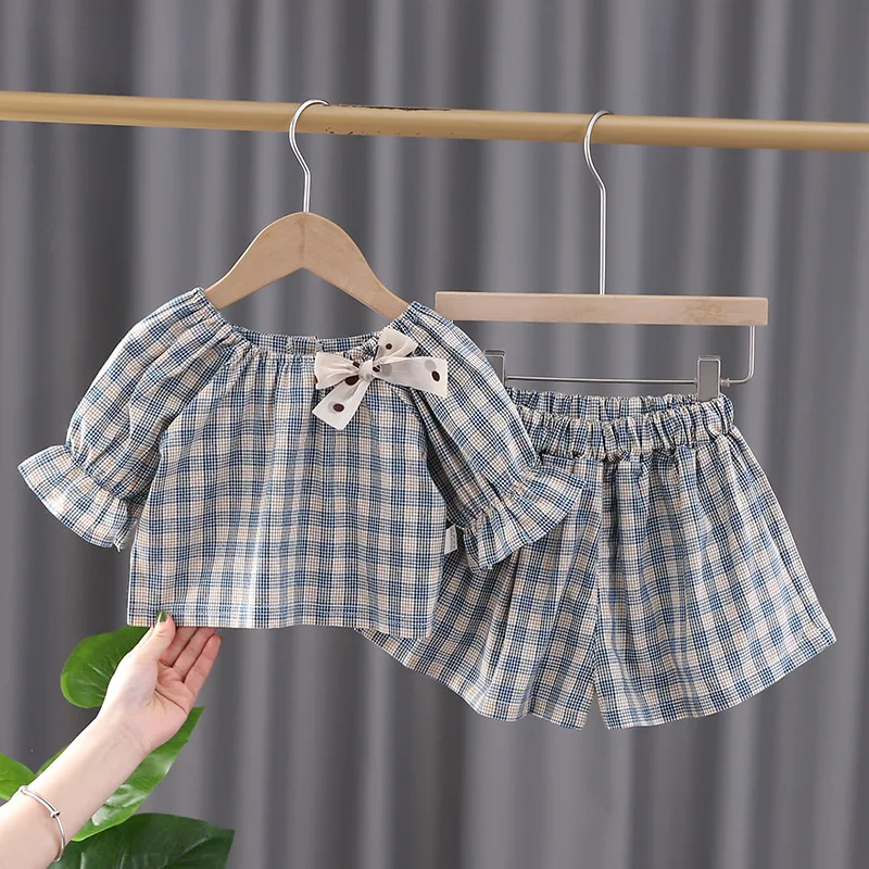Комплект летней одежды для новорожденных девочек, клетчатый короткий топ с бантом и шорты, комплект из 2 предметов для девочек, комплекты на 1-й день рождения