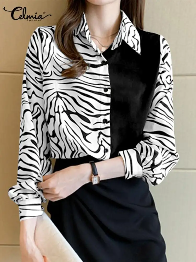 

Celmia Casual Lapel Button Tops Women Zebra Pattern Blouses Fashion Long Sleeve Shirts 2022 Elegant Color Patchwork Tunic Blusas