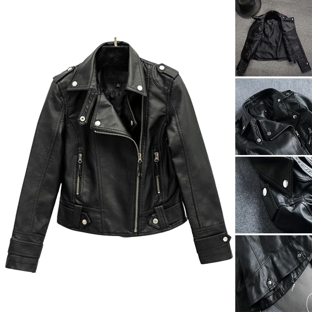 

Women PU Casual Biker Jacket Faux Leather Thin Punk Fashion Outwear Black Zipper Closure Woman's Outwear Windproof EIG88