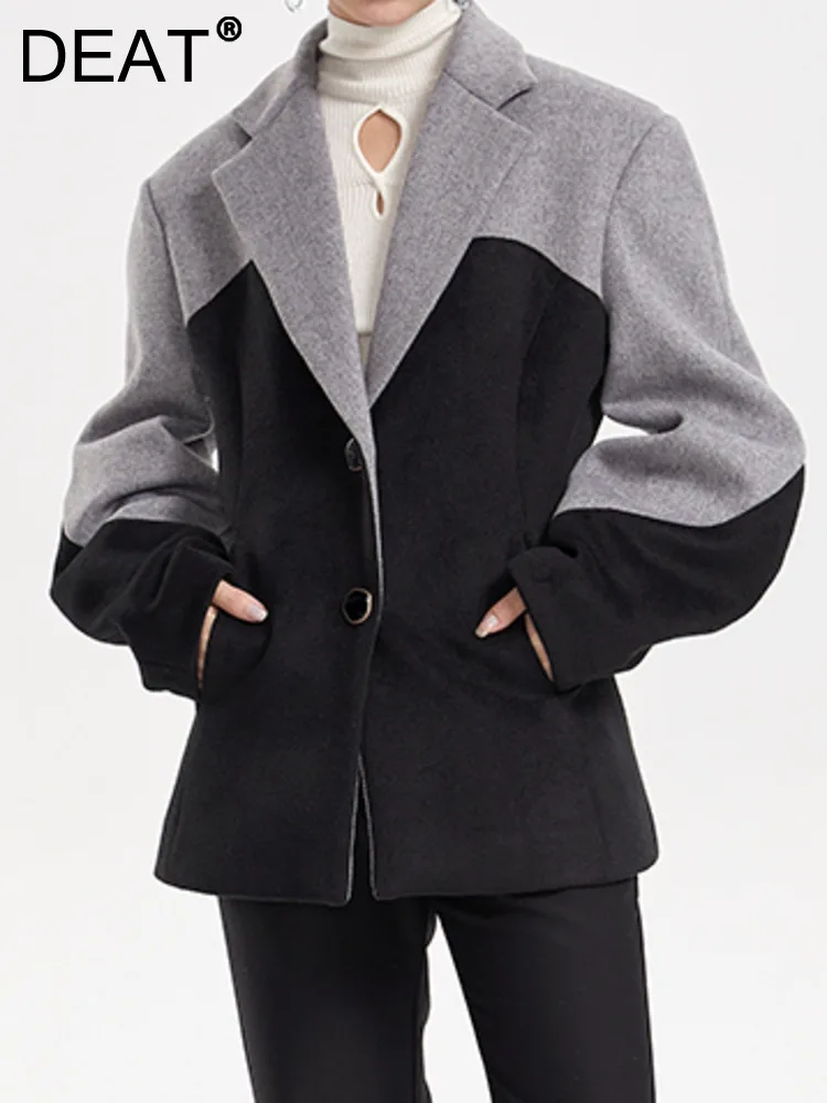 

DEAT Fashion Women's Woolen Coat Lapel Slim Single Breasted Full Sleeve Spliced Panelled Waist Overcoat Winter 2023 New 17A5355