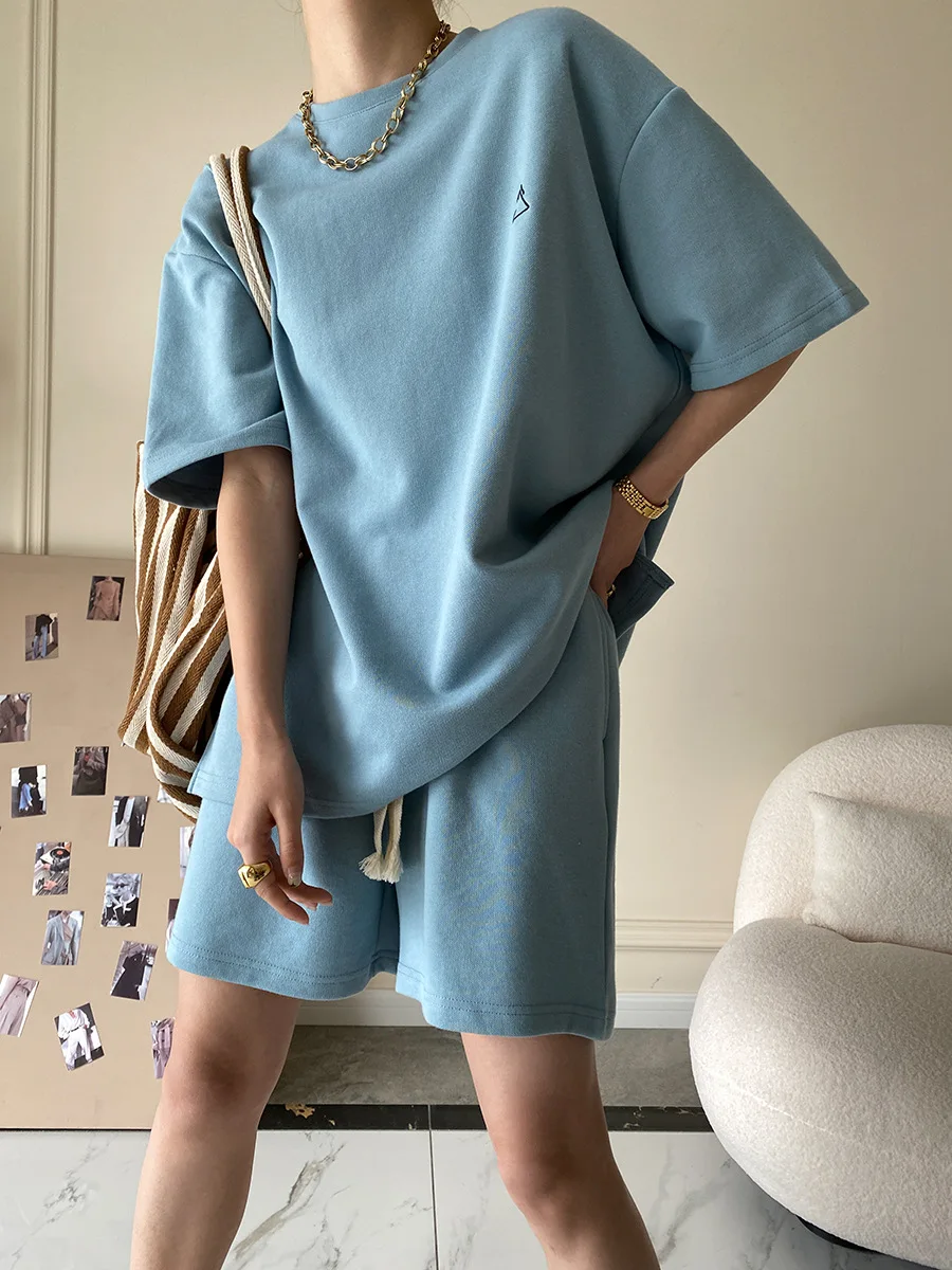 

Suit Shorts With Ladies T-Shirt And Top Loose Oversized Cotton Summer Two Piece Ladies Classic Activewear Casual