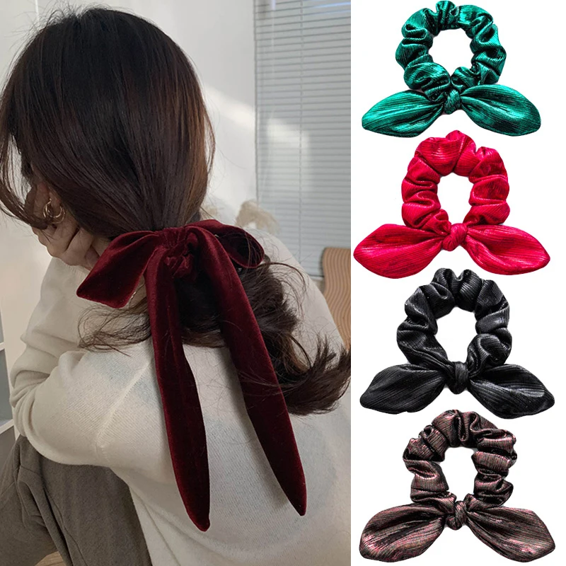 

Christmas Velvet Long Ribbon Bow Knot Scrunchies For Women Scrunchy Soft Hair Bow Elastic Hairbands Female Hair Accessories