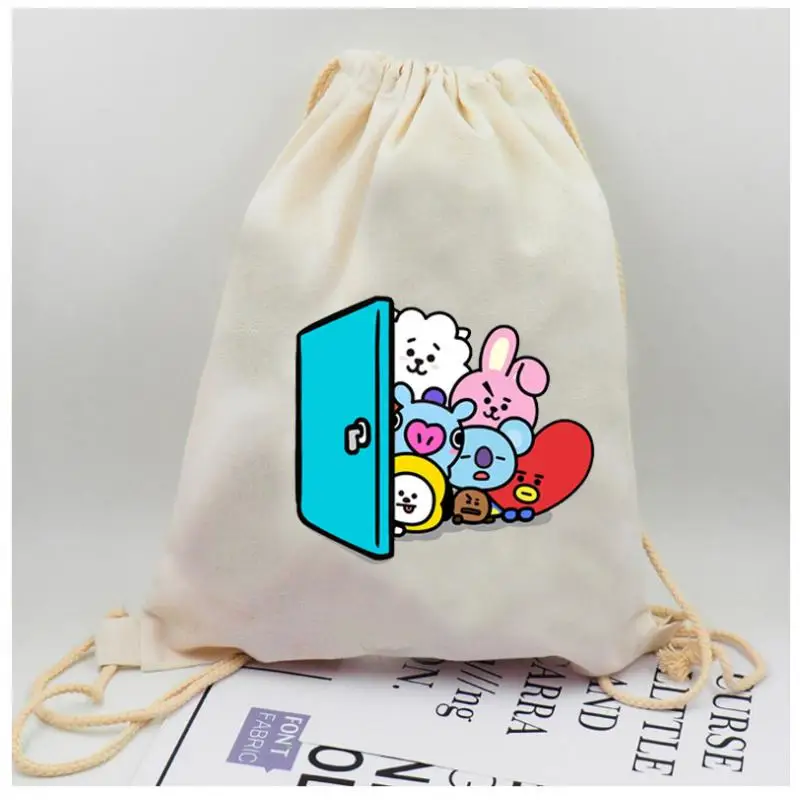 

Cartoon Bt21 Ms Canvas Backpack Leisure Drawstring Pocket Student Schoolbag Simple Plush Storage Bag Travel Bag Girls Gift