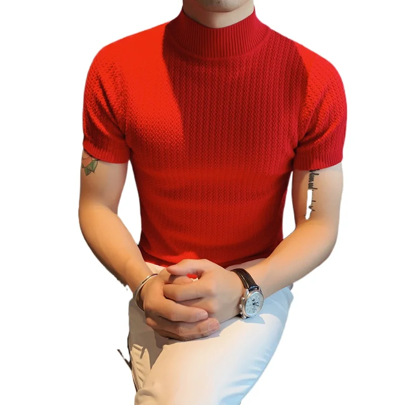 

2022Spring self-cultivation half-high collar casual T-shirt mid-collar solid color short-sleeved knitted sweater bottoming shirt