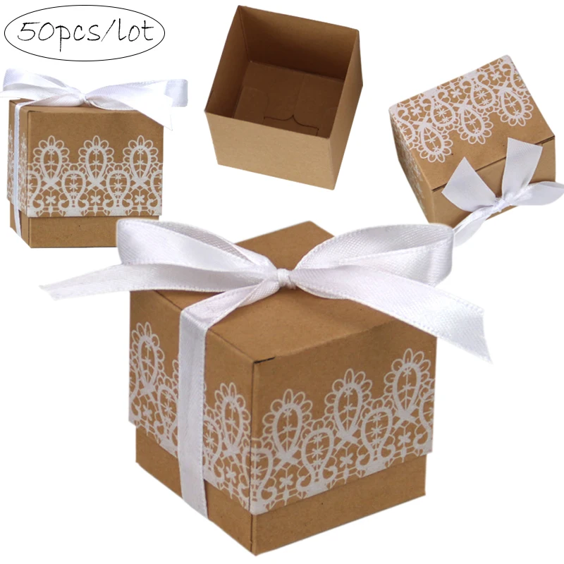 

50pcs Square Lace Kraft Paper Candy Box With Ribbon Christmas Wedding Gift Boxes Packaging Chocolate Sweets New Year Party Favor