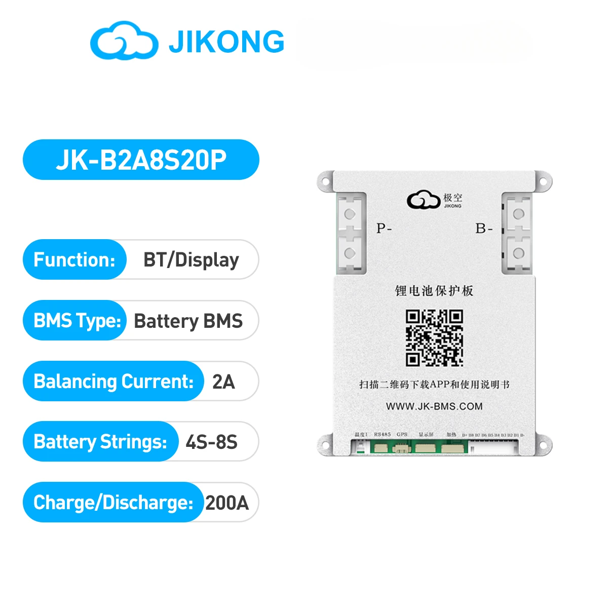 JIKONG BMS Φ 6S 7S 8S 12V 24V Active Smart Balance 200A Lifepo4 Li-Ion JK-B2A8S20P